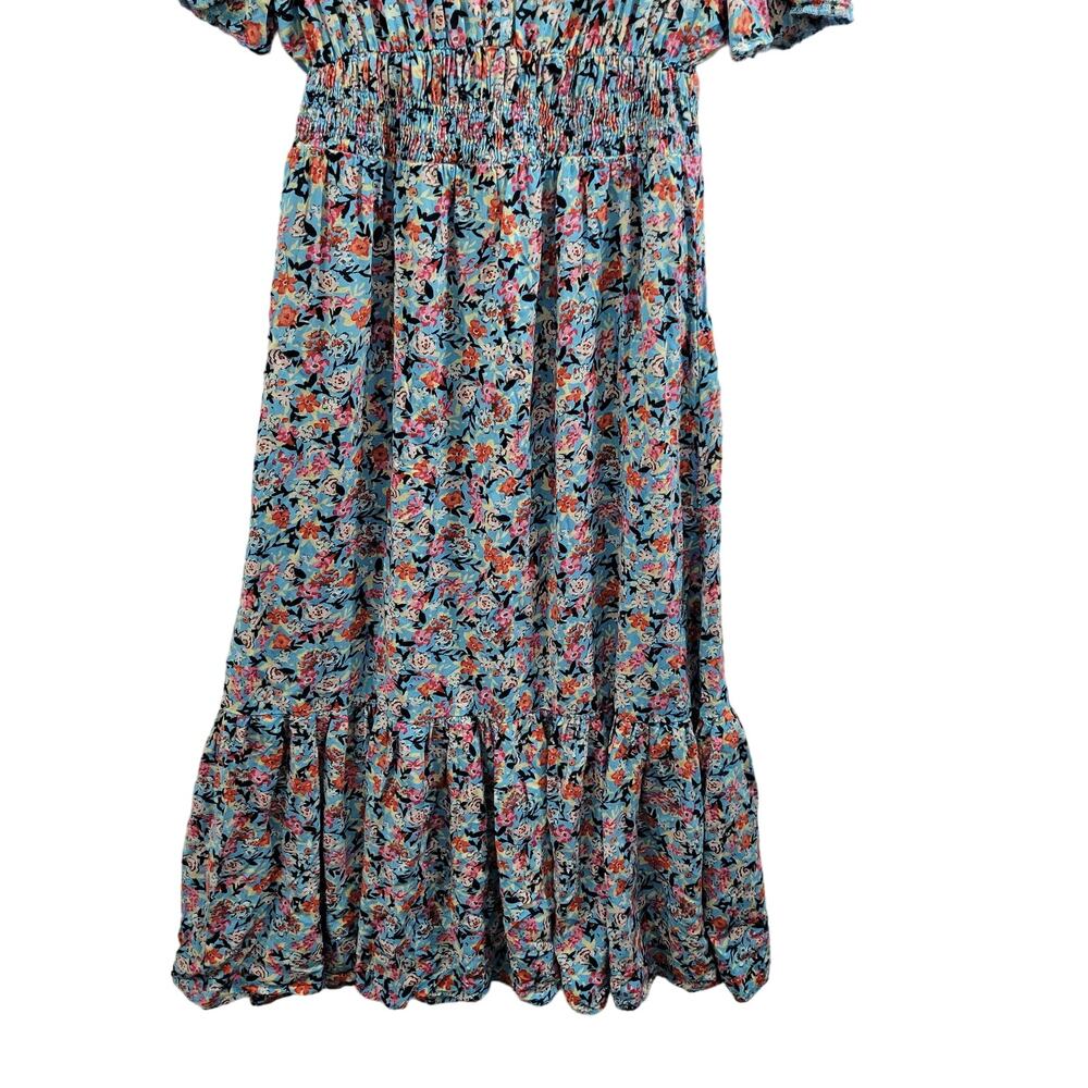 Zara Blue & Red Floral Midi Dress Short Sleeve Size L 4924-1134 - Picture 2 of 10